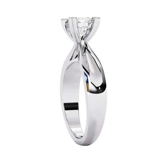 Side profile view of a white gold round heart prong solitaire engagement ring.