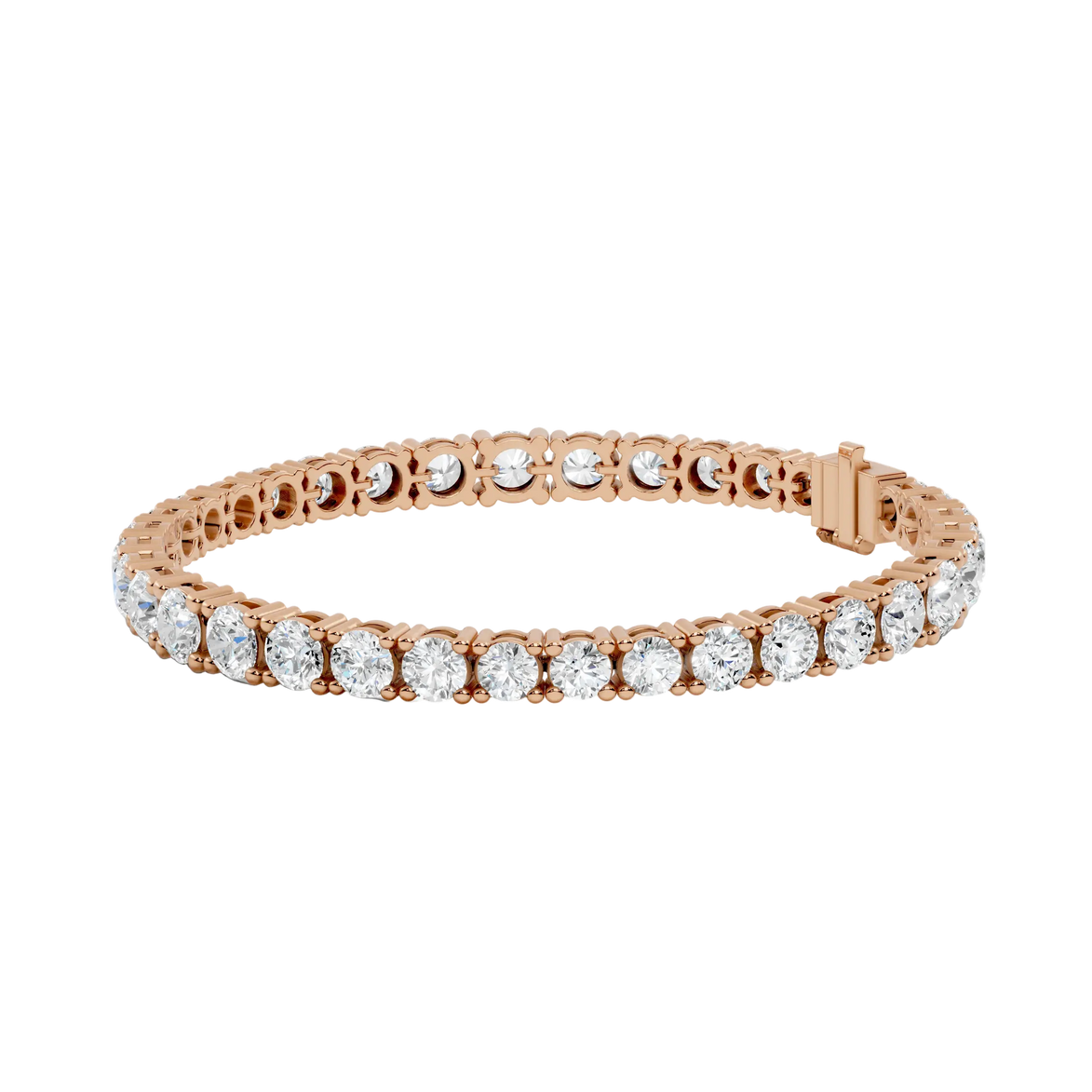 Rose gold bracelet with clear gemstones on a white background