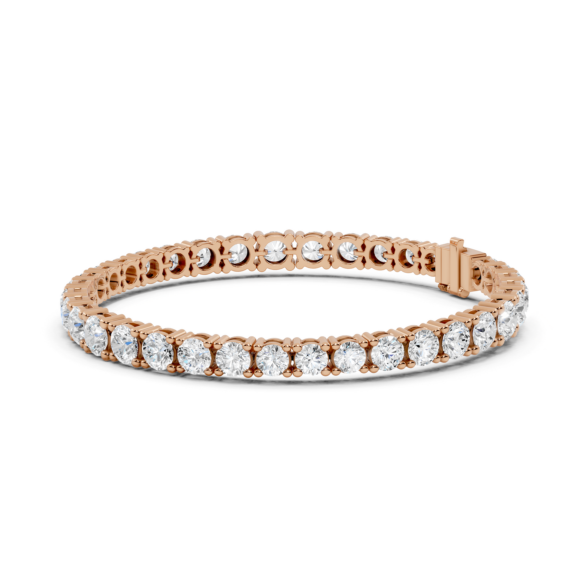 Rose gold bracelet with clear gemstones on a white background