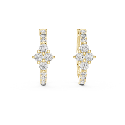 Front view of Floral Radiance diamond huggie earrings in yellow gold 