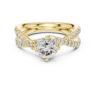 round diamond crossover engagement ring in yellow gold
