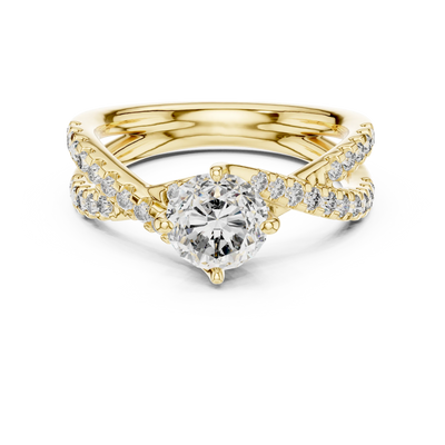 round diamond crossover engagement ring in yellow gold
