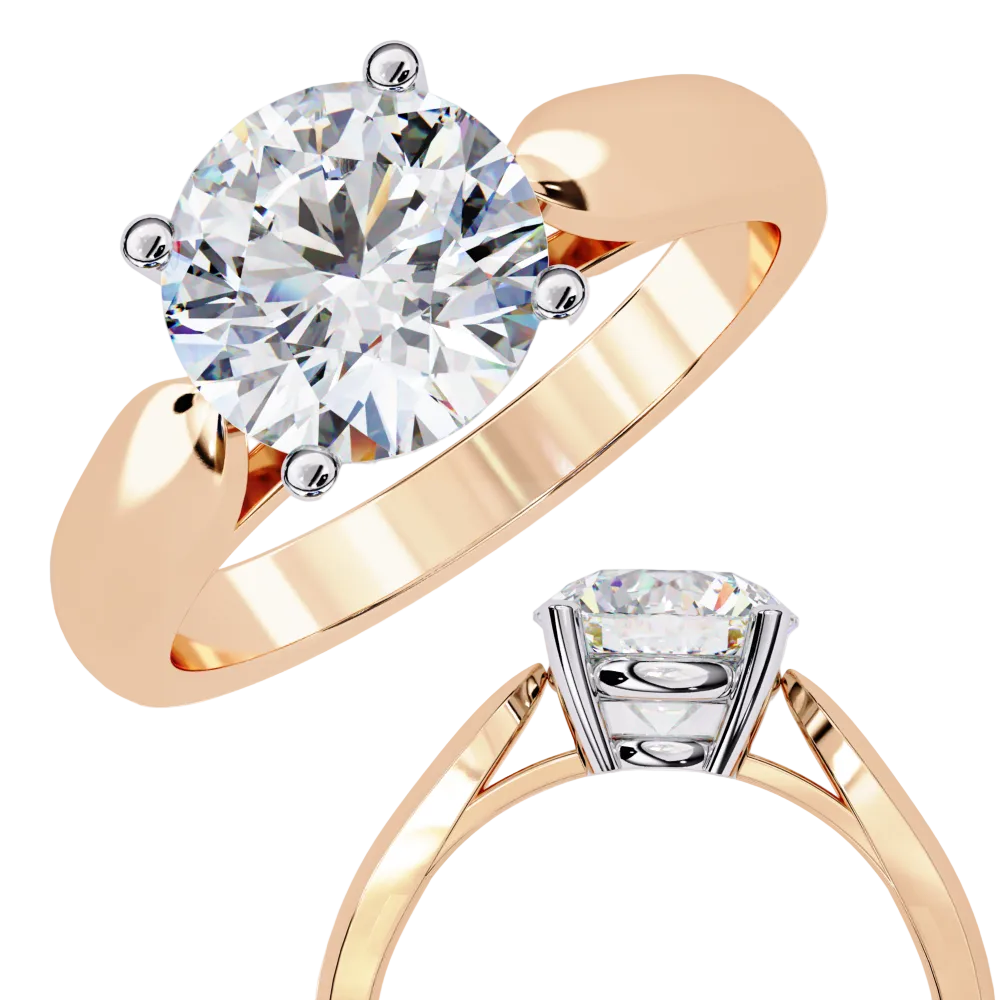Rose gold ring with a large diamond and another ring with a smaller diamond on a white background