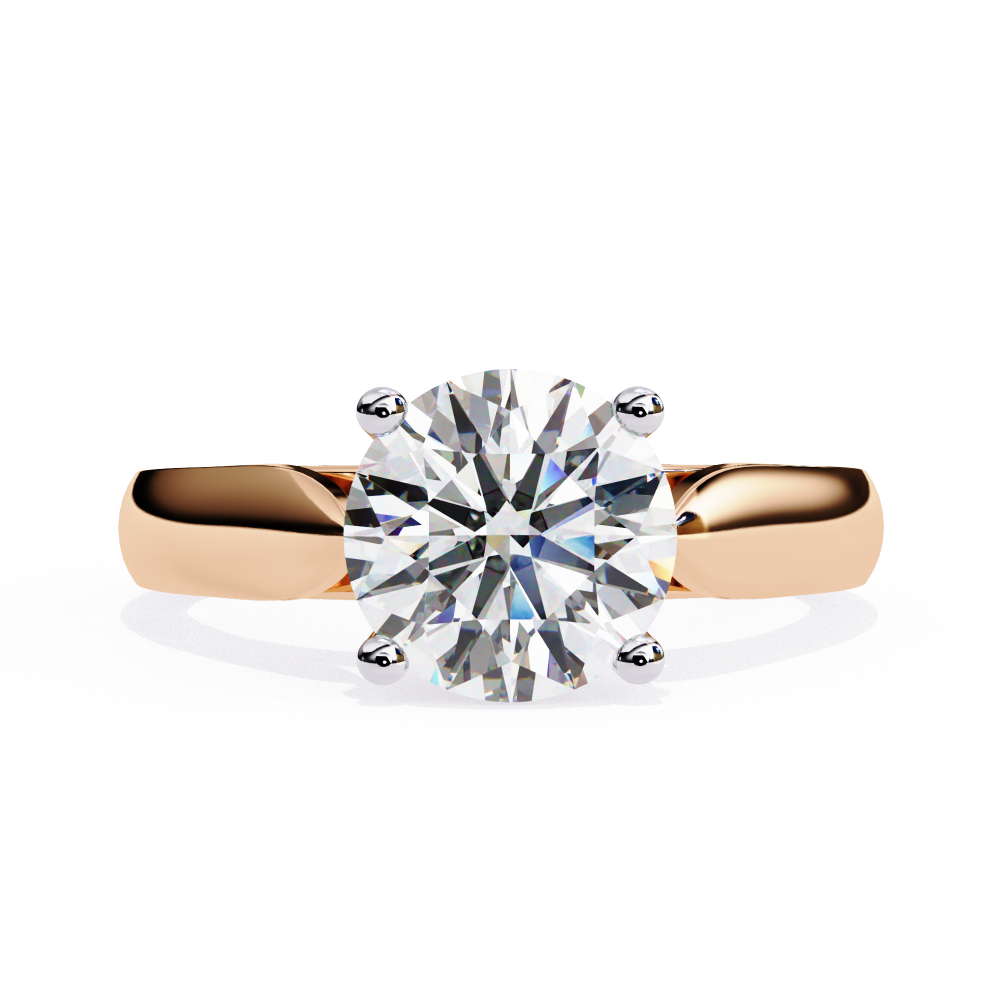 Rose gold ring with a large diamond on a white background