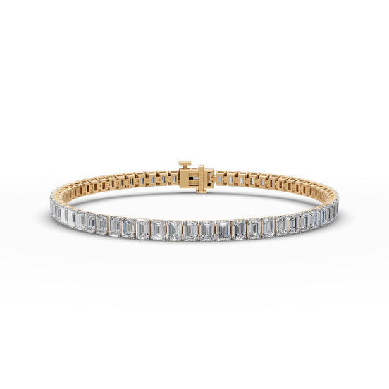 9.6 ct Emerald Lab Grown Diamond Tennis Bracelet in yellow gold, front view