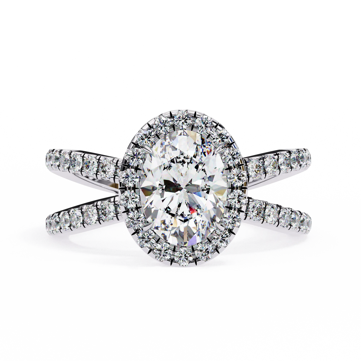Diamond ring with a halo and side stones on a white background
