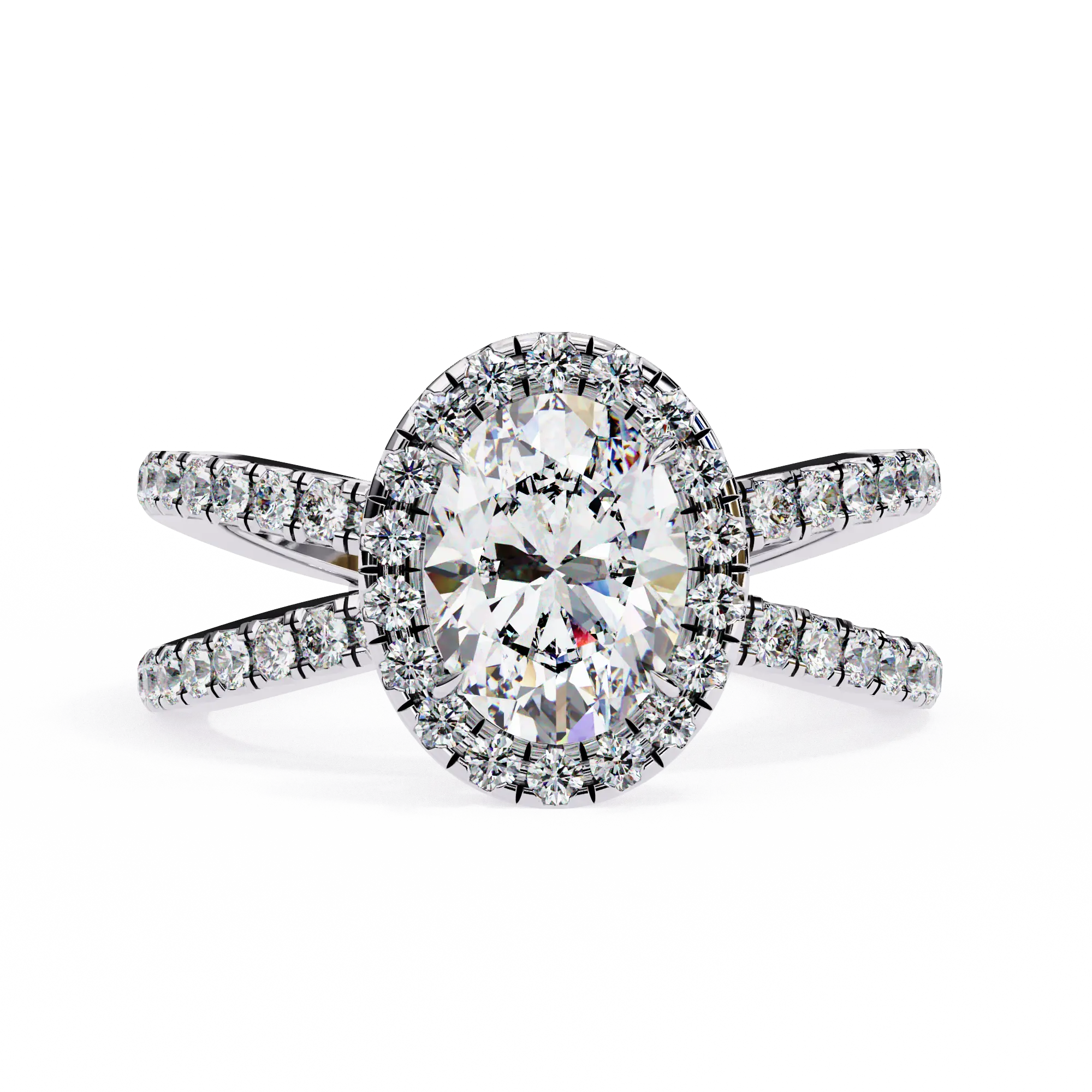 Diamond ring with a halo and side stones on a white background