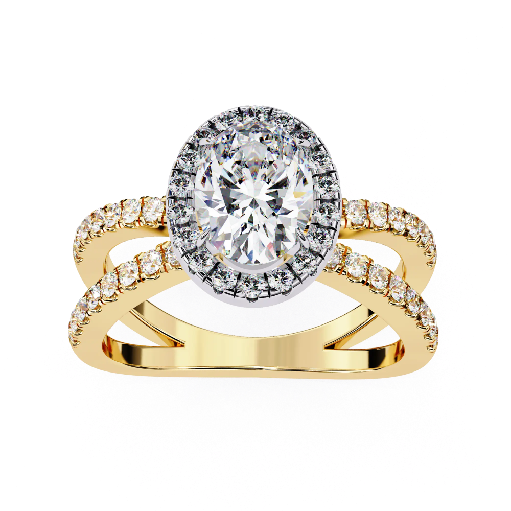 Gold ring with a large diamond and smaller diamonds on a white background