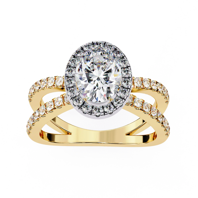 Gold ring with a large diamond and smaller diamonds on a white background