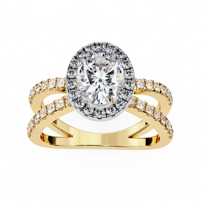 Gold ring with a large diamond and smaller diamonds on a white background