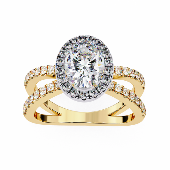 Gold ring with a large diamond and smaller diamonds on a white background