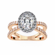 Rose gold ring with a large diamond and smaller diamonds on a white background