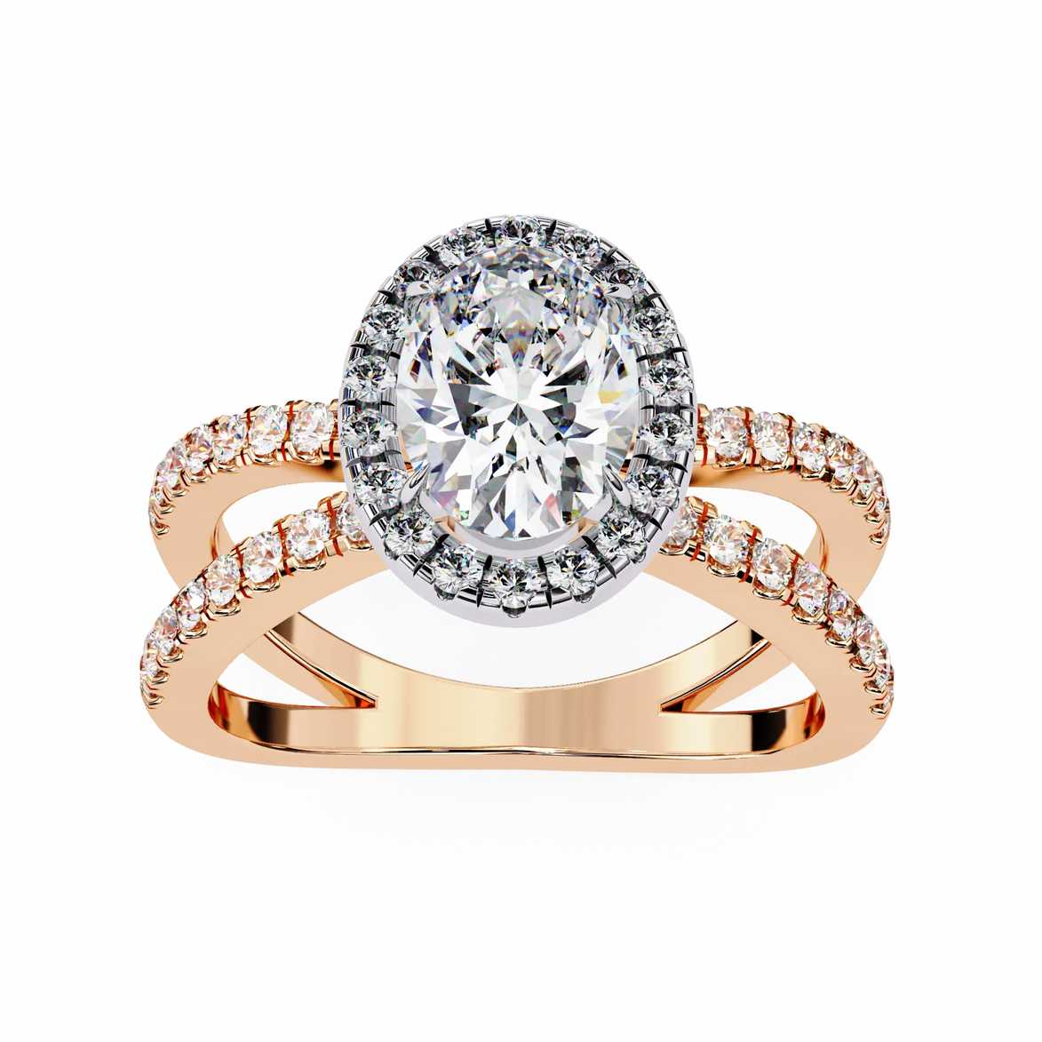 Rose gold ring with a large diamond and smaller diamonds on a white background