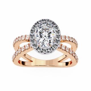 Rose gold ring with a large diamond and smaller diamonds on a white background