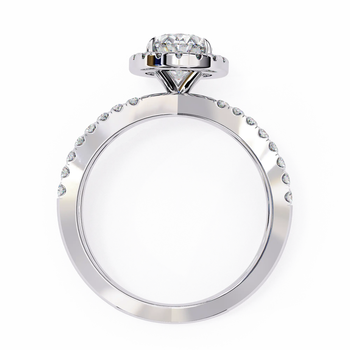 Silver ring with diamond accents on a white background