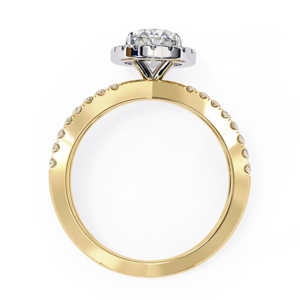 Gold ring with diamond accents on a white background