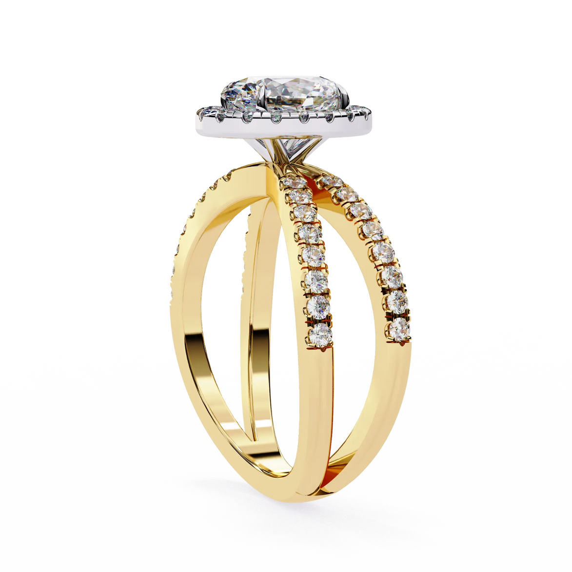 Gold ring with diamond accents on a white background