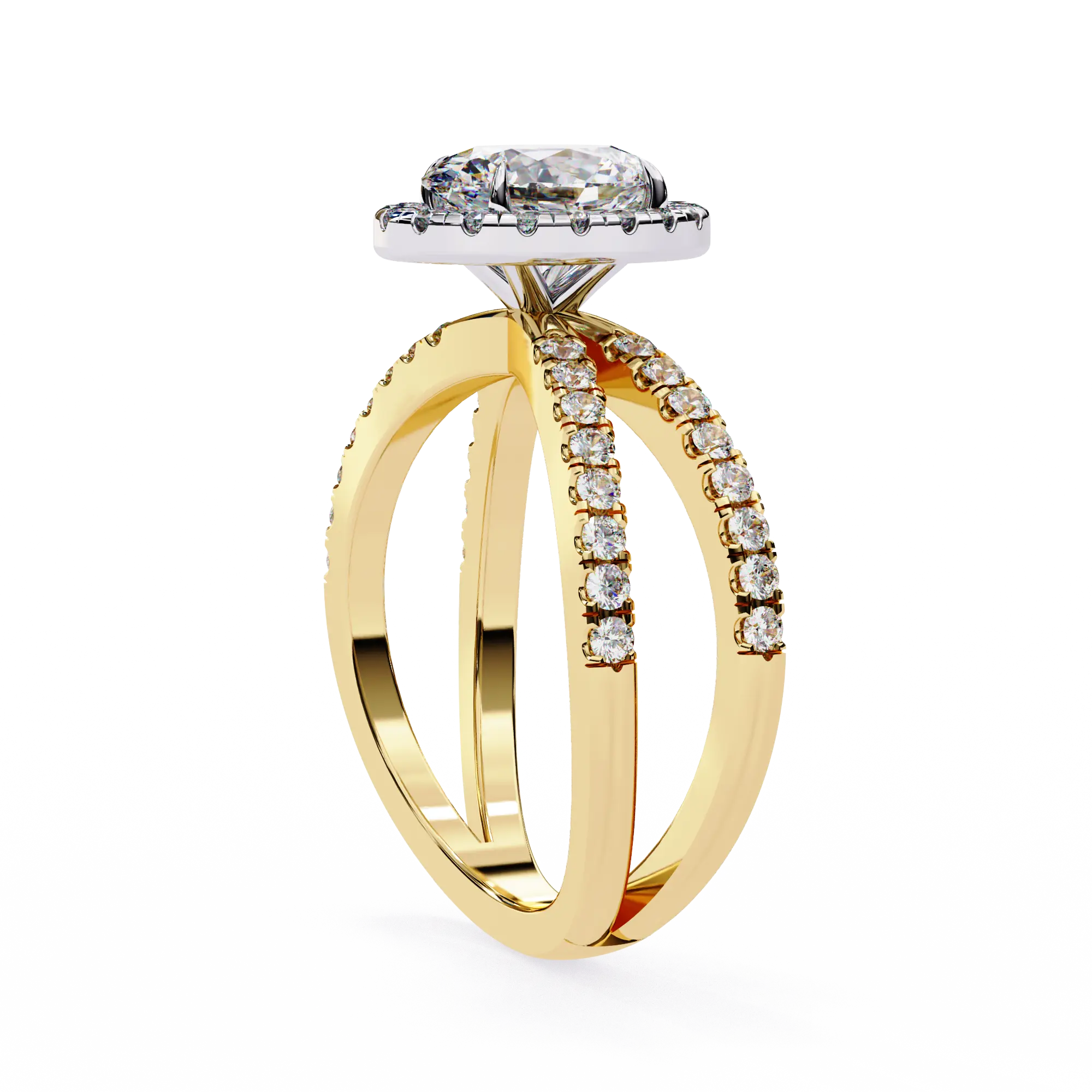 Gold ring with diamond accents on a white background