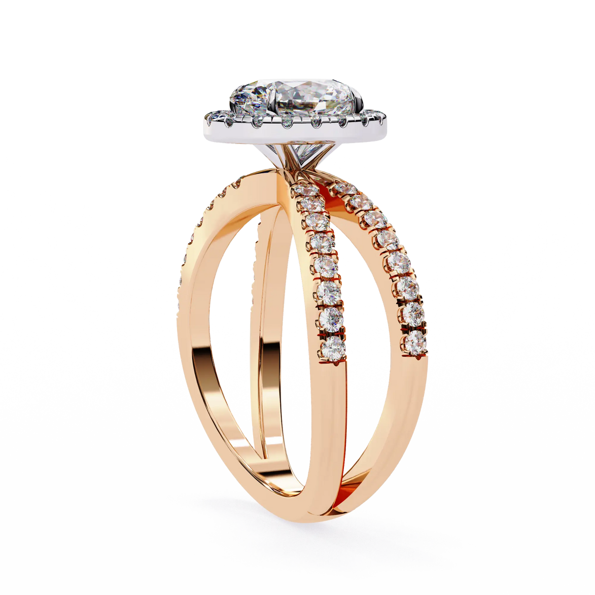 Rose gold ring with diamond accents on a white background