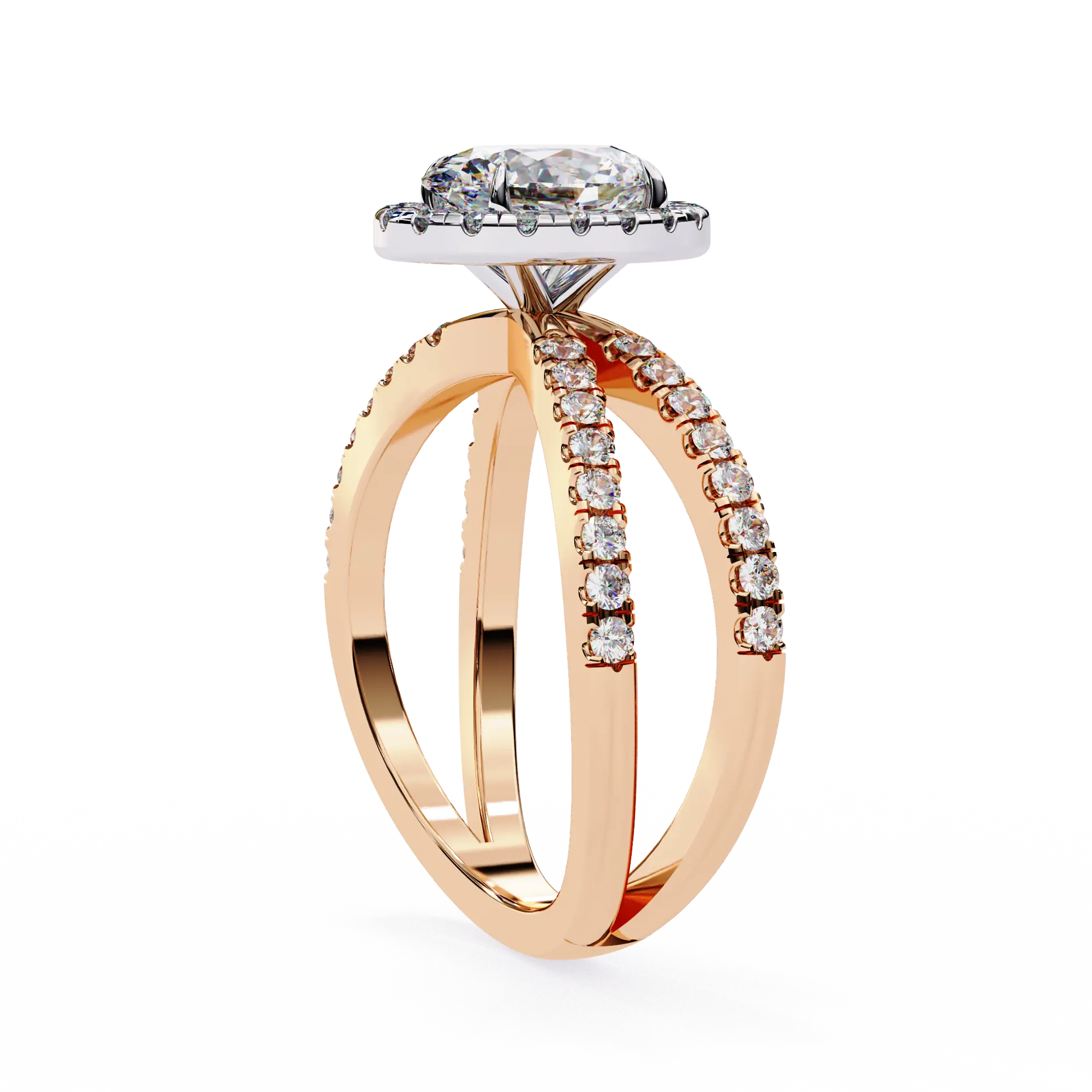 Rose gold ring with diamond accents on a white background