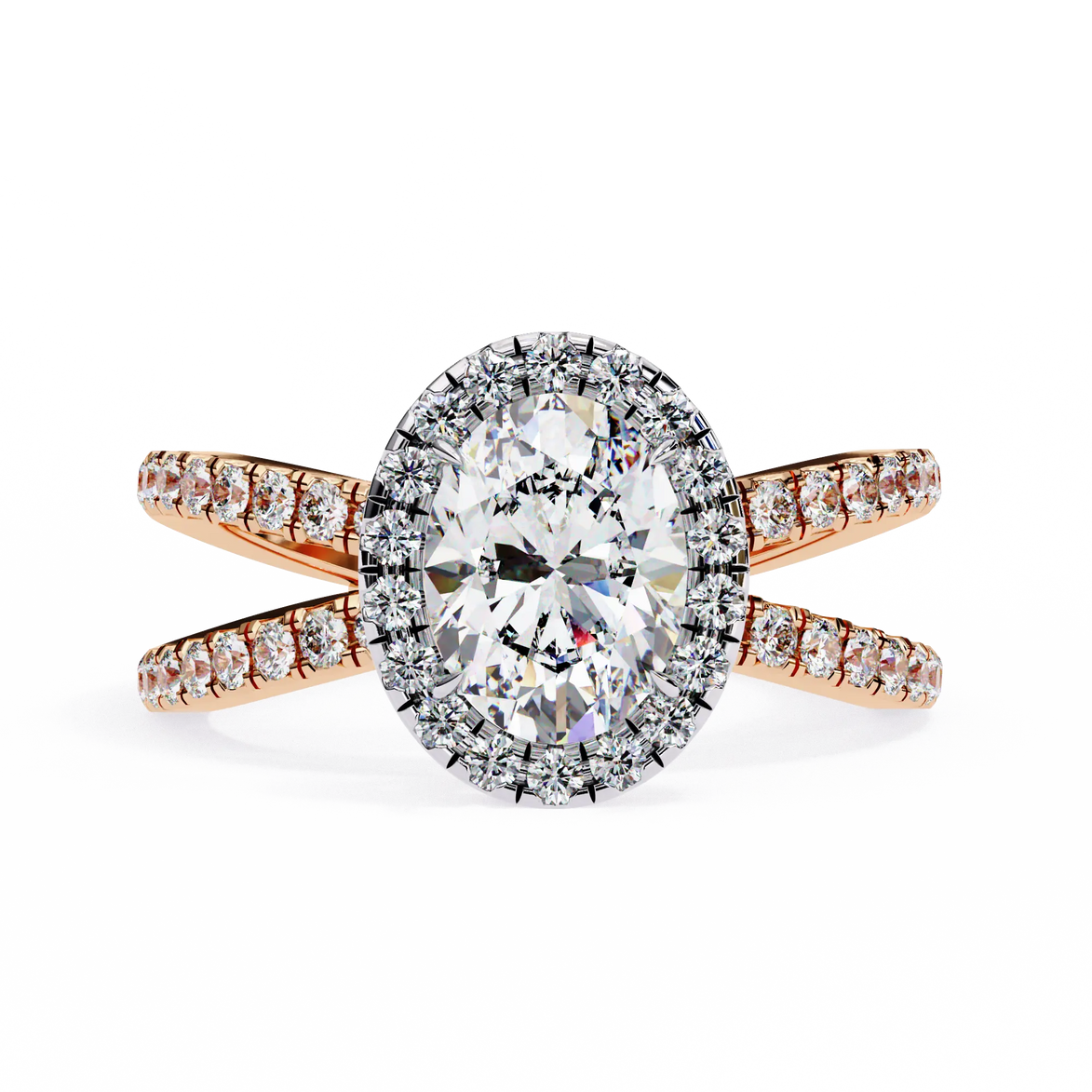 Diamond ring with rose gold band on a white background