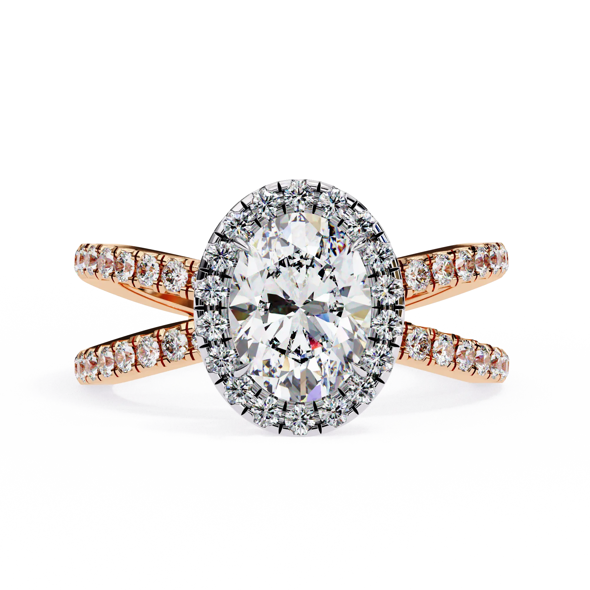 Diamond ring with rose gold band on a white background