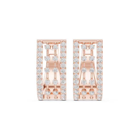 Front view of Ribboned Radiance diamond hoop earrings in rose gold, featuring a modern three-row panel of round lab-grown diamonds.