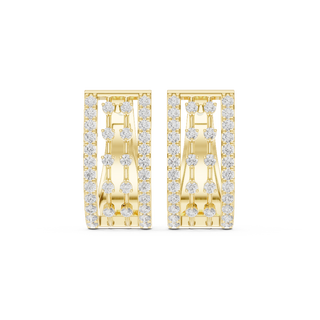 Front view of Ribboned Radiance diamond hoop earrings in yellow gold, featuring a modern three-row panel of round lab-grown diamonds.