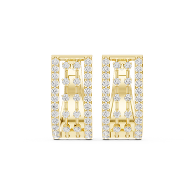 Front view of Ribboned Radiance diamond hoop earrings in yellow gold, featuring a modern three-row panel of round lab-grown diamonds.