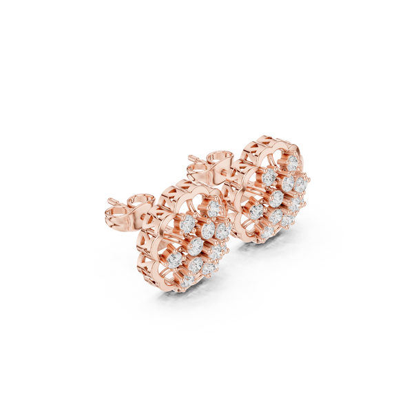 Side profile of rose gold floral diamond stud earrings showing the  profile height.