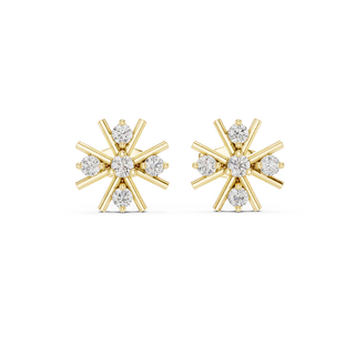 Front view of snowflake diamond stud earrings in yellow gold.