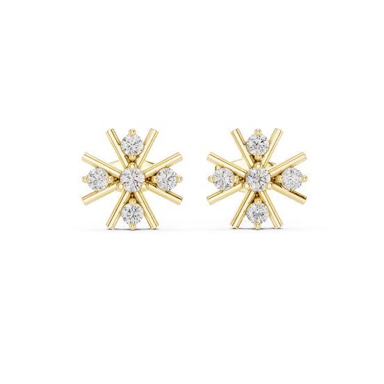 Front view of snowflake diamond stud earrings in yellow gold.