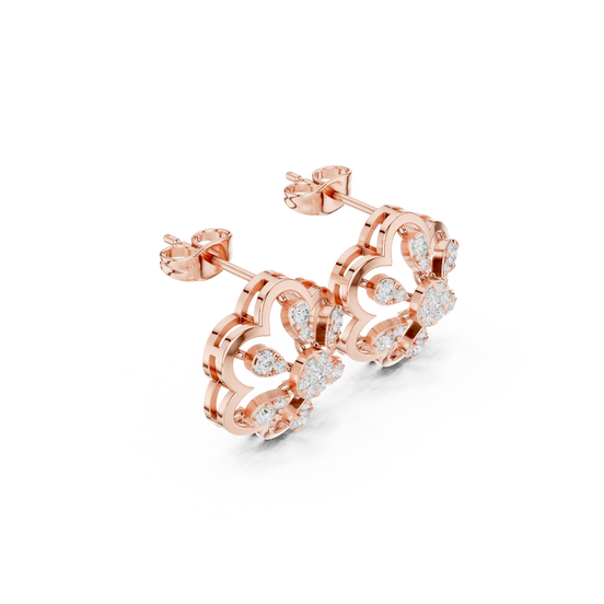 Side profile of the rose gold flower-shaped diamond stud earrings