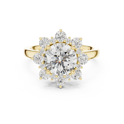 round diamond floral halo engagement ring in yellow gold
