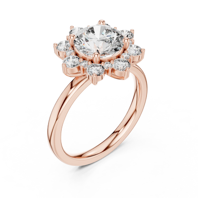 round diamond floral halo engagement ring in rose gold
