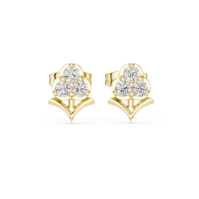 Frontal view of radiant Petal Glow floral diamond stud earrings in yellow gold.