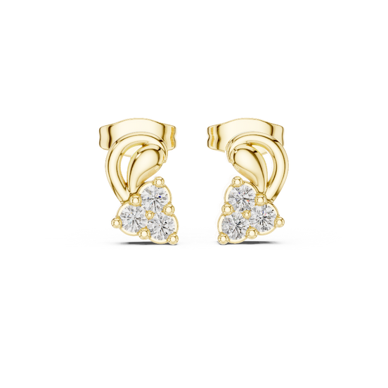 Frontal view of radiant Graceful Bloom floral diamond stud earrings in yellow gold.