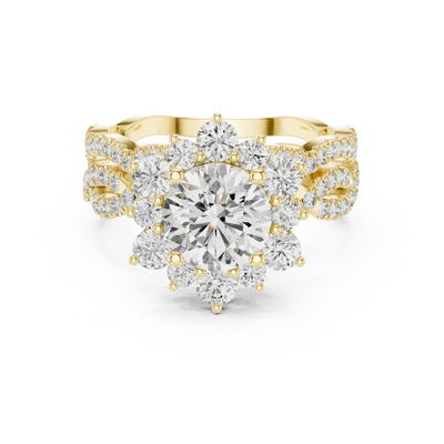 round lab grown diamond floral multi-row ring in yellow gold
