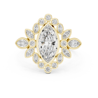 marquise lab grown diamond bezel floral ring in yellow gold
