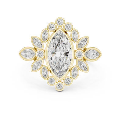 marquise lab grown diamond bezel floral ring in yellow gold
