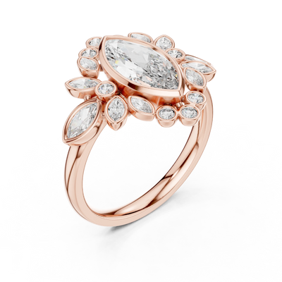 marquise lab grown diamond bezel floral ring in rose gold
