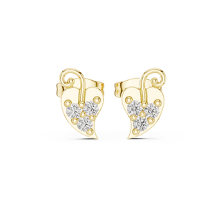 Frontal view of radiant Whimsical Vine heart swirl diamond stud earrings in yellow gold.