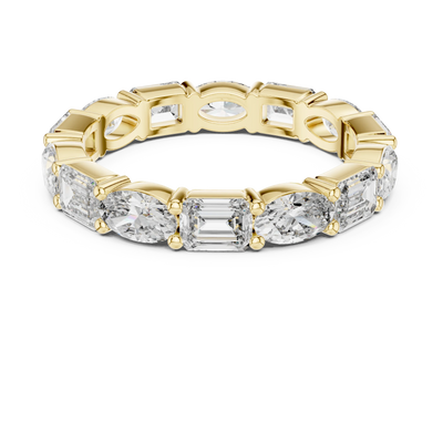 emerald and oval lab grown diamond eternity ring in yellow gold
