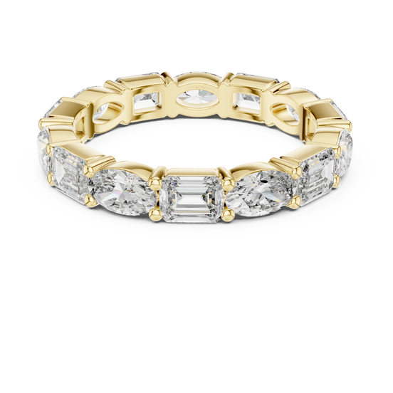 emerald and oval lab grown diamond eternity ring in yellow gold
