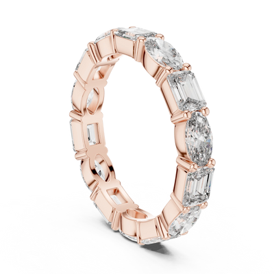 emerald and oval lab grown diamond eternity ring in rose gold
