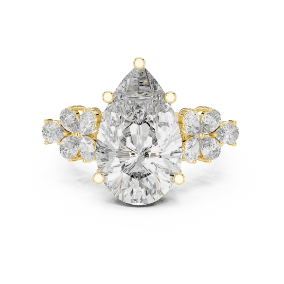 pear lab grown diamond floral cluster ring in yellow gold
