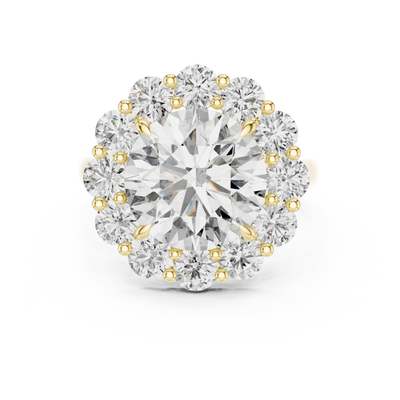 round lab grown diamond scalloped halo ring in yellow gold
