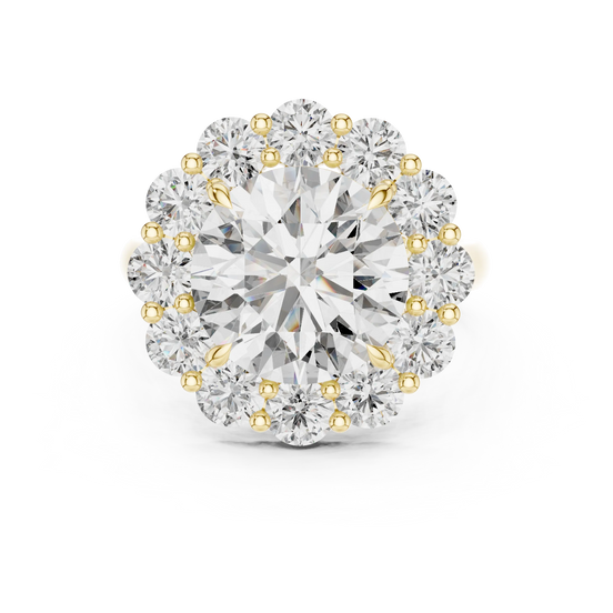 round lab grown diamond scalloped halo ring in yellow gold
