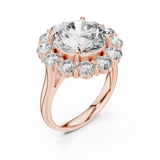 round lab grown diamond scalloped halo ring in rose gold
