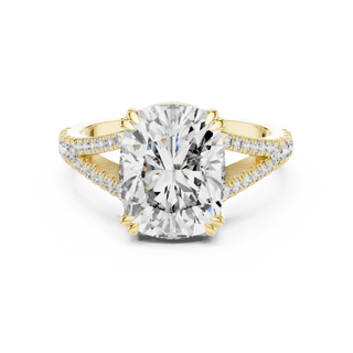 cushion lab grown diamond split-shank ring in yellow gold
